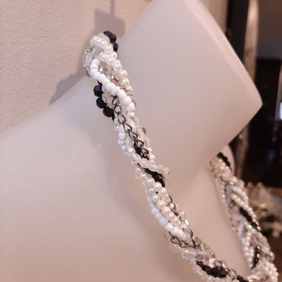 3/$20 Twisted Multi Strand Beaded Statement Necklace Pearl Rhinestone Gunmetal - Picture 10 of 13